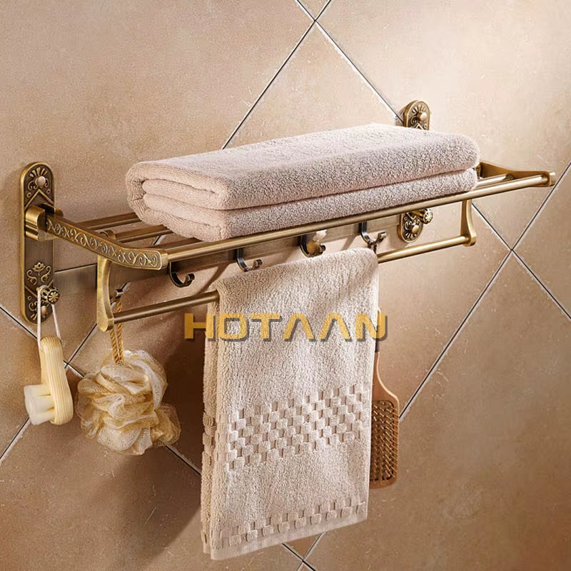 Foldable Antique Brass Towel Rack, Double Shelf Bathroom Holder with Hooks, Space Saving Bath Accessories for Wall Mounting