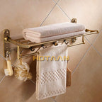Foldable Antique Brass Towel Rack, Double Shelf Bathroom Holder with Hooks, Space Saving Bath Accessories for Wall Mounting
