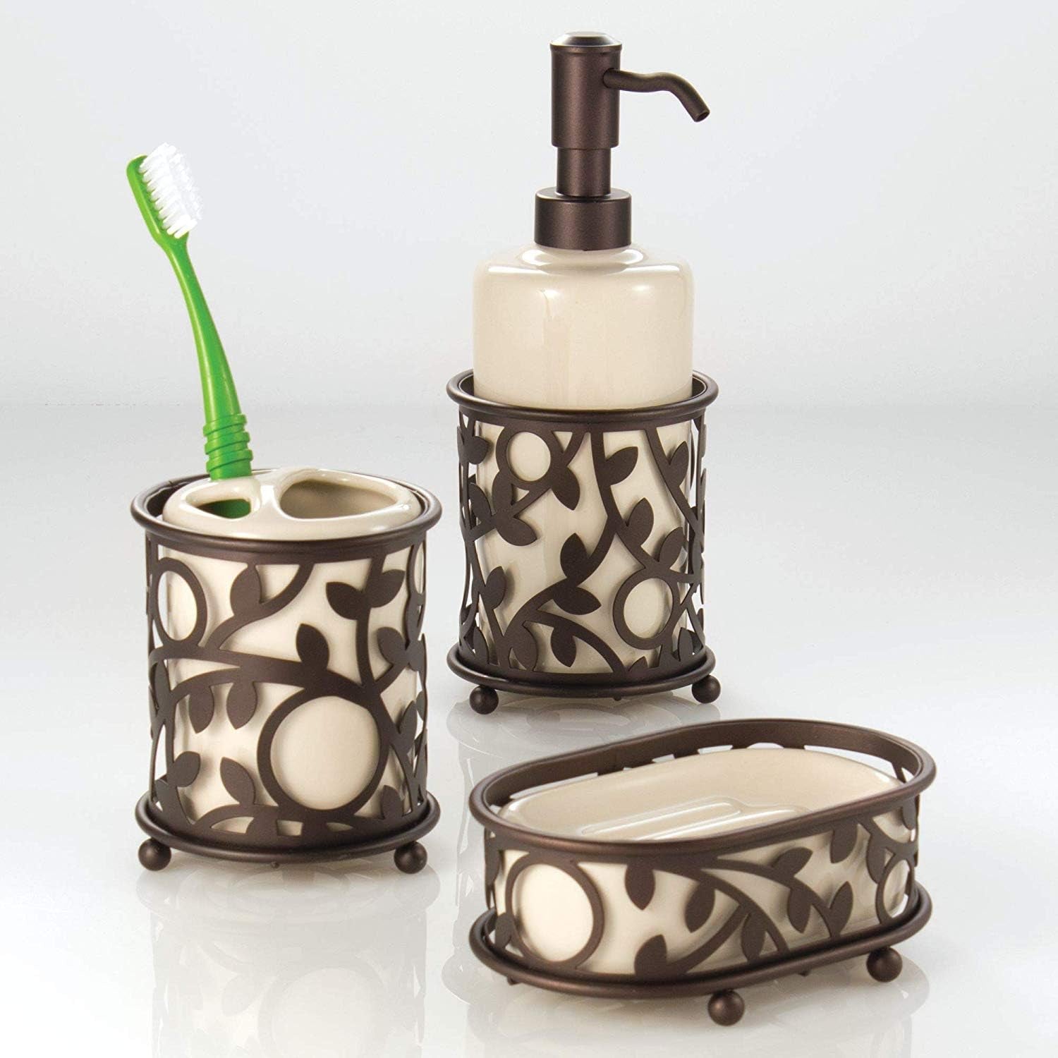 Idesign Vine Bathroom Countertop Toothbrush Holder, Vanilla/Bronze