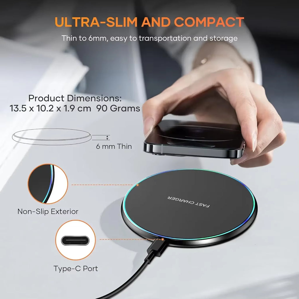 Mini LED Wireless Charger Pad for Iphone 16 15 14 13 12 8 X Pro Max Samsung Xiaomi Induction Fast Charging Dock Station