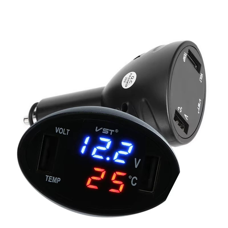 Usb Interface Car Charger 12V 24V Temperature Voltage Meter 3 in 1 Digital LED Thermometer Monitor Dual USB Ports Accessories