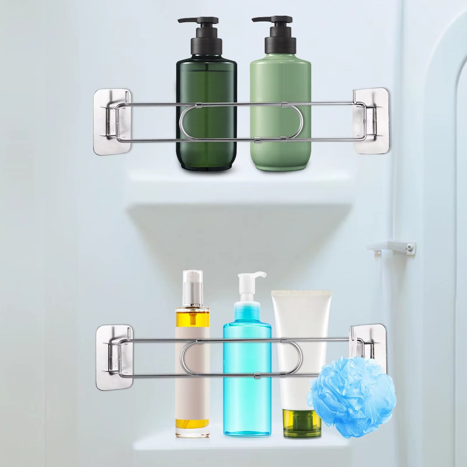 2Pcs RV Shower Corner Storage Bar Adjustable Rust Proof Stainless Steel Bathroom Shelves Organization Rod for Camper Travel