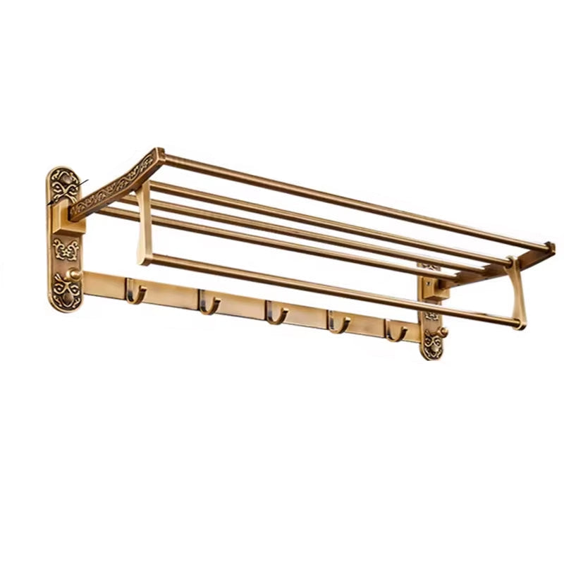 Foldable Antique Brass Towel Rack, Double Shelf Bathroom Holder with Hooks, Space Saving Bath Accessories for Wall Mounting