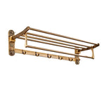 Foldable Antique Brass Towel Rack, Double Shelf Bathroom Holder with Hooks, Space Saving Bath Accessories for Wall Mounting