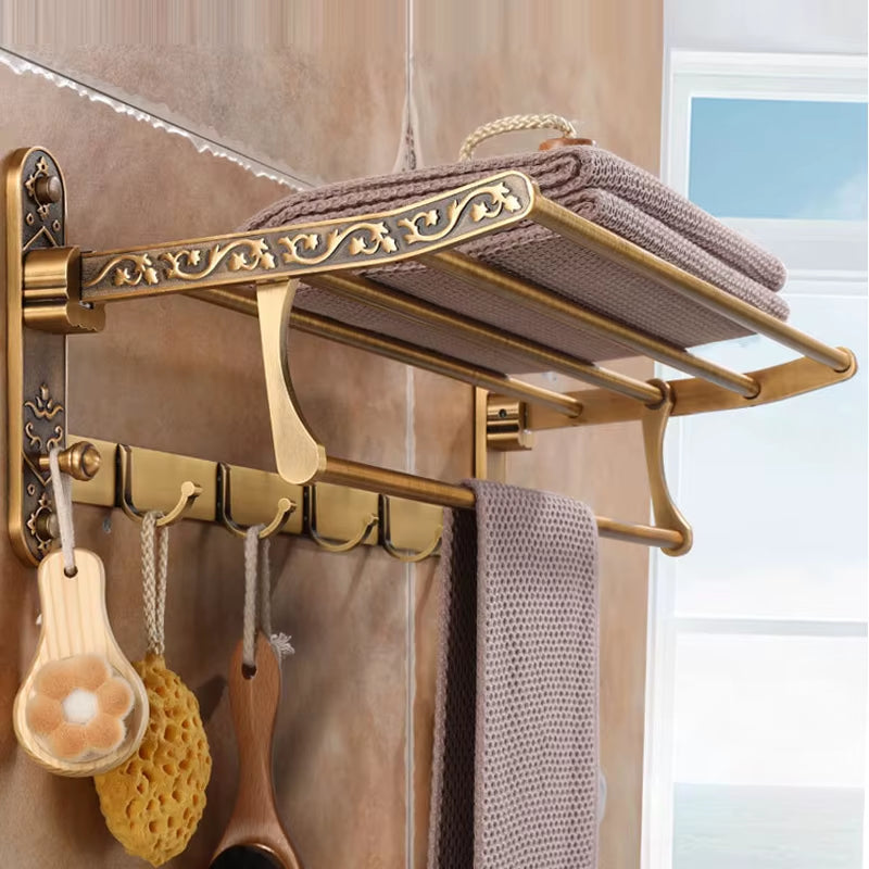 Foldable Antique Brass Towel Rack, Double Shelf Bathroom Holder with Hooks, Space Saving Bath Accessories for Wall Mounting