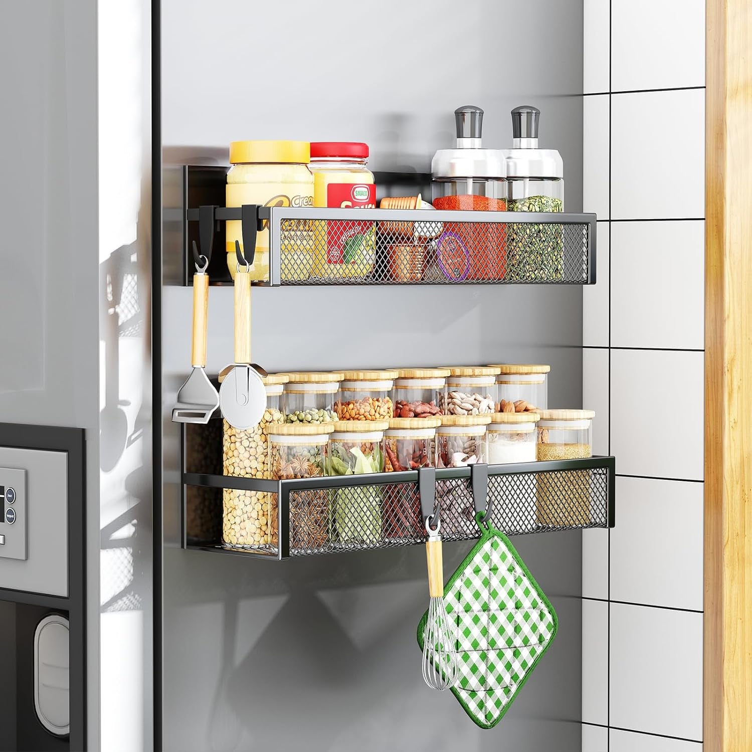 Magnetic Spice Rack Set for Refrigerator - 2 Pack with Adjustable Hooks for Kitchen Organization and Storage