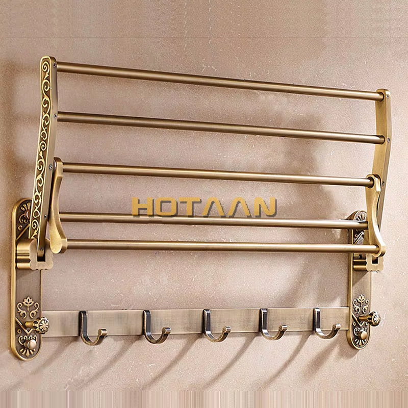 Foldable Antique Brass Towel Rack, Double Shelf Bathroom Holder with Hooks, Space Saving Bath Accessories for Wall Mounting