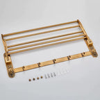 Foldable Antique Brass Towel Rack, Double Shelf Bathroom Holder with Hooks, Space Saving Bath Accessories for Wall Mounting
