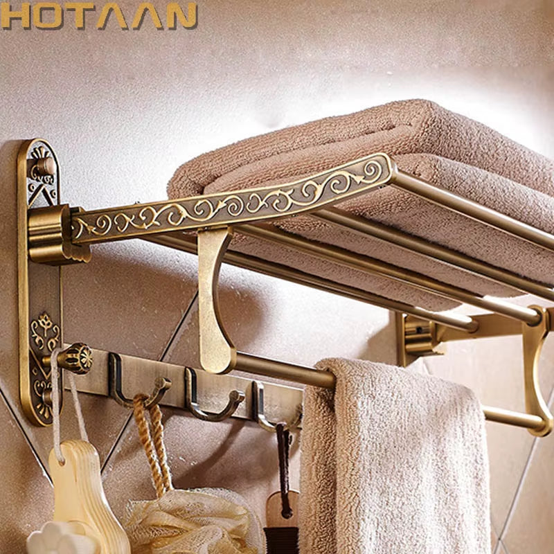 Foldable Antique Brass Towel Rack, Double Shelf Bathroom Holder with Hooks, Space Saving Bath Accessories for Wall Mounting