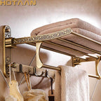 Foldable Antique Brass Towel Rack, Double Shelf Bathroom Holder with Hooks, Space Saving Bath Accessories for Wall Mounting