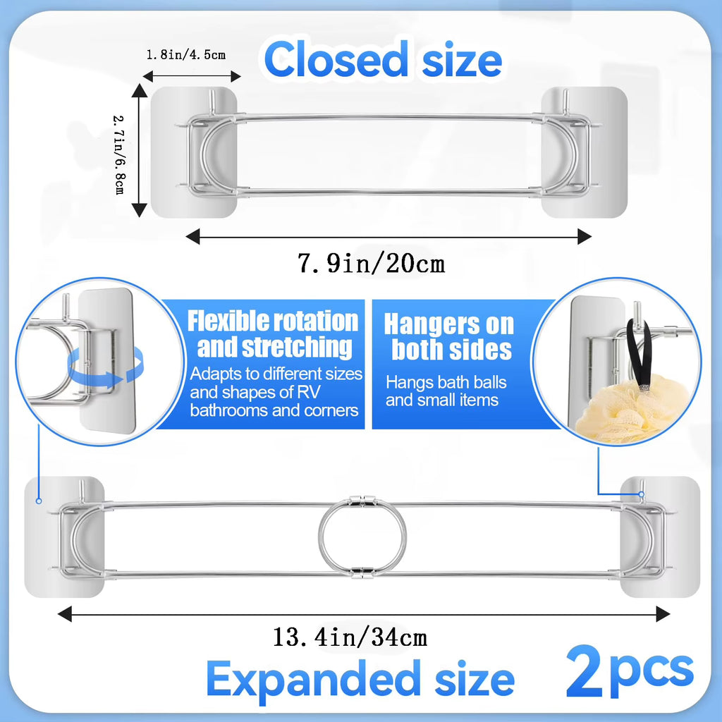 2Pcs RV Shower Corner Storage Bar Adjustable Rust Proof Stainless Steel Bathroom Shelves Organization Rod for Camper Travel