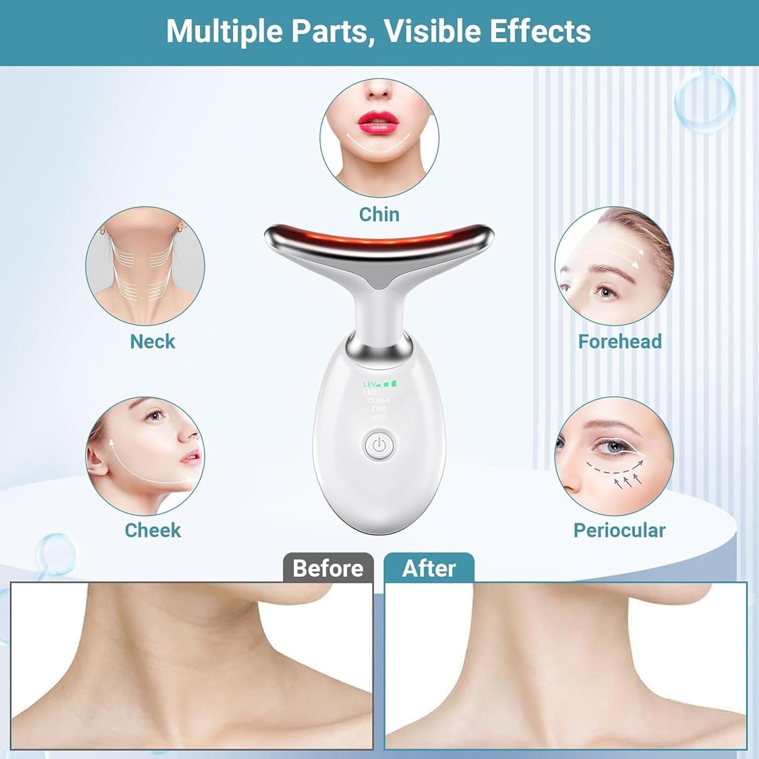 Neck Face Beauty Device Face Massager, Skin Care Facial Massager 3 in 1 Portable Face Toning Devices for Skintightening & Neck Lifting, EMS Care Massage Heating Equipment,7 Color Led 3 Modes